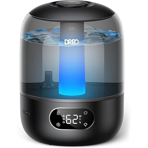 Dreo Humidifiers for Bedroom, 3L Top Fill 30H & 26dB Quiet Runtime for Large Room, Cool Mist Ultrasonic Humidifier with Humidity Sensor, Night Light for Home, Baby, Nursery, Plants, 360° Nozzle, Black