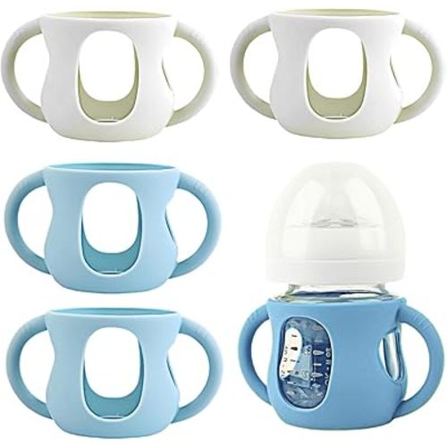 4 Pack Silicone Sleeves for Avent Natural Glass Baby Bottles, Silicone and Easy-Grip Handles for Drop Protection, Compatible with Philips Avent 4/8 OZ Glass Bottle (2 White+2 Blue, 4 OZ)