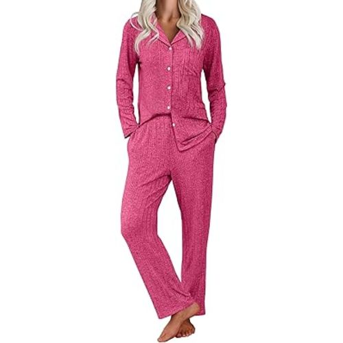 Ekouaer Womens Ribbed Knit Pajama Sets 2 Piece Lounge Set Long Sleeve Button Down Pjs Sleepwear Set with Pockets