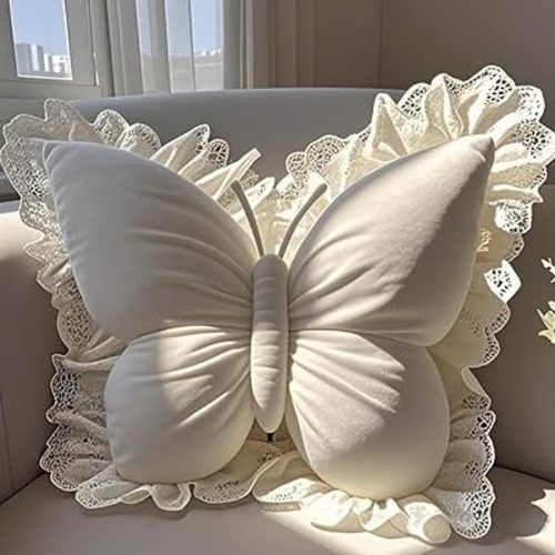 Butterfly Throw Pillow, Butterfly Shaped Decorative Pillow for Sofa Couch Bed, Plush Velvet Lumbar Support Cushion for Office Chair & Car Seat (Beige)