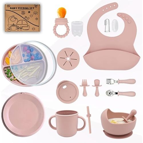 Baby Silicone Feeding Set 16PCS Baby Self Feeding set Toddler Led Weaning Utensils Sets with Suction Bowl and Plate 2 Set of Baby Spoons and Forks Adjustable Bid, Sippy Cup with Straw and 2 Lids
