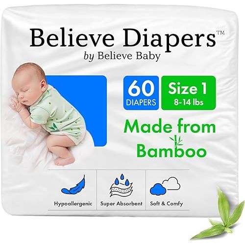 Believe Diapers Size 1 (8-14 Lbs) Viscose Bamboo Diapers 60 Count – Natural Baby Diaper, Chemical Free and Fragrance Free Natural Diaper for Sensitive Skin, Super Absorbent with Leak Protection