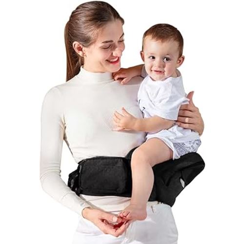 Baby Hip Seat Carrier, GROWNSY Ergonomic Hip Seat Baby Carrier with Multiple Pockets, Adjustable Extended Waistband for Newborns & Toddlers up to 50 lbs, Black