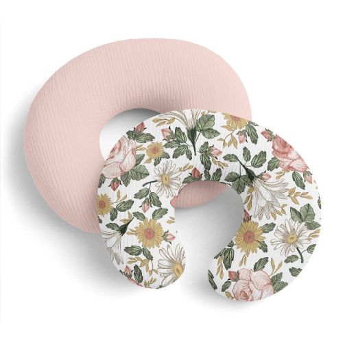 Sweet Jojo Designs Baby Girl Muslin 100% Cotton Nursing Pillow Cover Set Vintage Floral Pink Yellow and Green 2pc