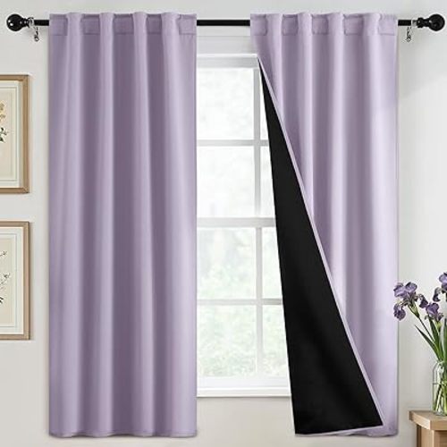 SimpleHome 100% Blackout Curtains for Bedroom,63 Inch Curtains for Living Room Rod Pocket and Back Tab Window Drapes Room Darkening Lilac Curtain with Black Back,40 x 63 Inch,2 Panels