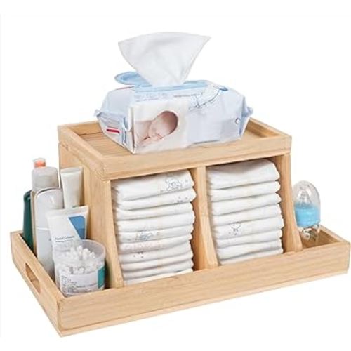 Diaper Caddy Organizer, Changing Table Organizer, Wooden Diaper Organizer for Nursery, Baby Diaper Storage Organizer with Removable Dividers (Brown, Rectangular Size)