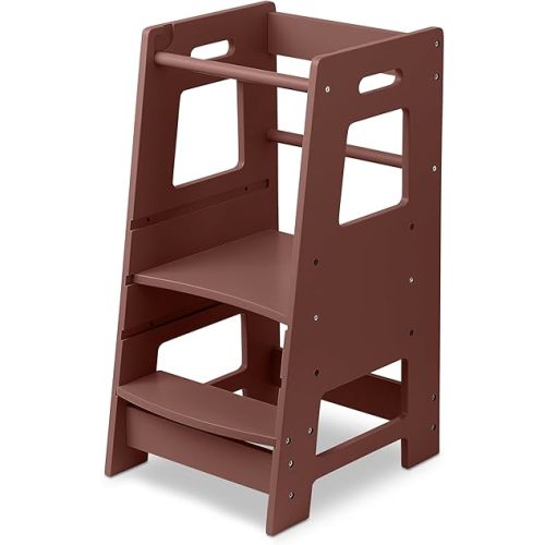 Stool Buddy Child Step Stool Tower for Kids | Toddler Wood Stepping Stool with Safety Rail | 3 Adjustable Heights | for Kids use in Kitchen or Bathroom [Mahogany]