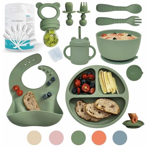 Remonda 10-Piece Baby Led Weaning Supplies | Silicone Baby Feeding Set Includes Suction Bowls and Plates, Baby Utensils Spoons and Forks,Cup for Toddler | Babies Eating Dishes Set 6-12 Months（Green）