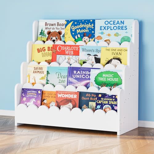SpaceAid 4-Tier Scalloped Bookshelf, Montessori Bookcase for Toddlers, Wooden Book Shelf Organizer Display Furniture for Kids Rooms, Playroom, Nursery and Classroom, 29.6 Wide, White