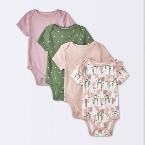 Baby 4pk Floral Short Sleeve Cotton Bodysuit - Cloud Island™ Pink 12M: Lap Shoulder, Crotch Snap