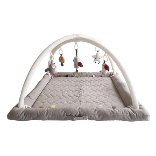 CoocooBaby Play Gym with 5 Sensory Toys, Thick & Plush Playmat for Floor, Tummy Time Mat, Convertible Stage-Based Development from Baby to Toddler (Grey)