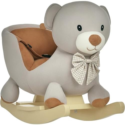 Qaba Kids Rocking Horse, Bear-Shaped Plush Toddler Ride on Horse with Sound, Wooden Base & Safety Belt for 18-36 Months, Gray