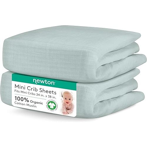 Newton Baby Mini Crib Fitted Sheets (2-Pack) | Organic Muslin Cotton, 100% Breathable & Soft Baby Sheets, Machine Washable Baby Mattress Sheets, Fits Any Mini Sized Crib 24" x 38", Sage