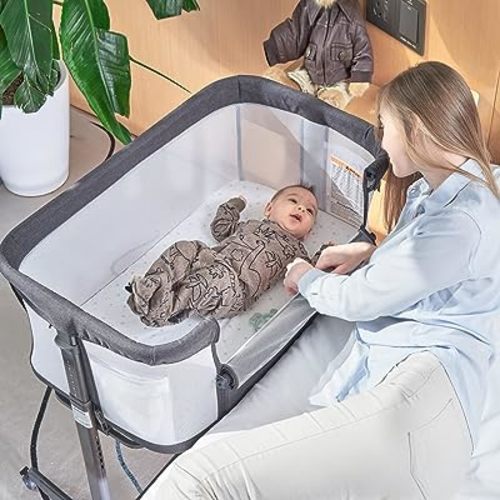 Baby Bassinet Bedside Sleeper with Wheels,Easy Folding Lightweight Crib for Baby/Infants,Breathable Mesh and Adjustable Height - Grey