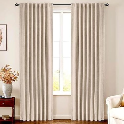 INOVADAY 100% Blackout Curtains 96 Inches Length 2 Panels Set, Back Tab/Rod Pocket Linen Black Out Curtains for Bedroom, Thermal Insulated Window Drapes - Oatmeal, W50 X L96