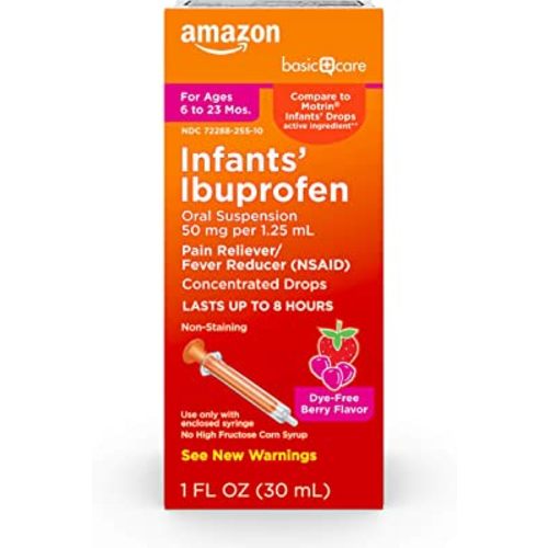 Amazon Basic Care Infants’ Ibuprofen Oral Suspension, 50 mg/1.25 mL, Berry Flavor Concentrated Drops, Dye-Free, 1 fl oz (Pack of 1)
