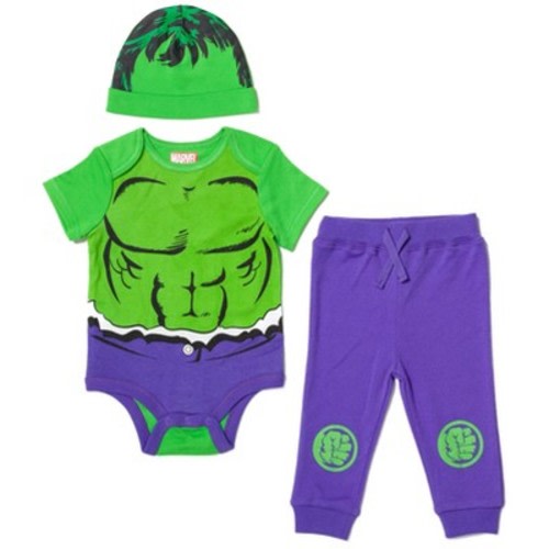 Marvel Avengers Black Panther Baby Cosplay Bodysuit Pants and Hat 3 Piece Outfit Set Newborn to Infant, Color: Hulk, Size: 6-9 months
