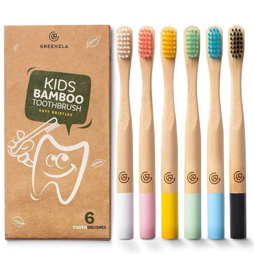 GREENZLA Kids Bamboo Toothbrushes, Natural Toothbrush Set, Soft Bristles, Durable Charcoal Wooden Brushes, Compostable Design for Toddlers and Children, 6 Pack