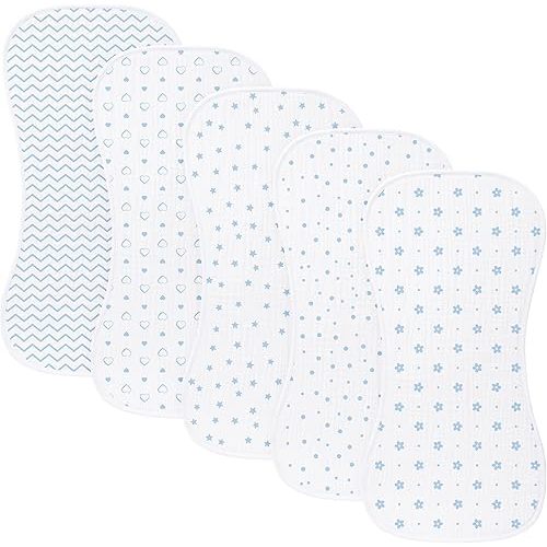 sleepyturtle 5 Pack Baby Burp Cloths, Unisex Newborn Burping Cloths, Soft and Absorbent Muslin Cotton, Large Size for Newborn, (Blue-bw)