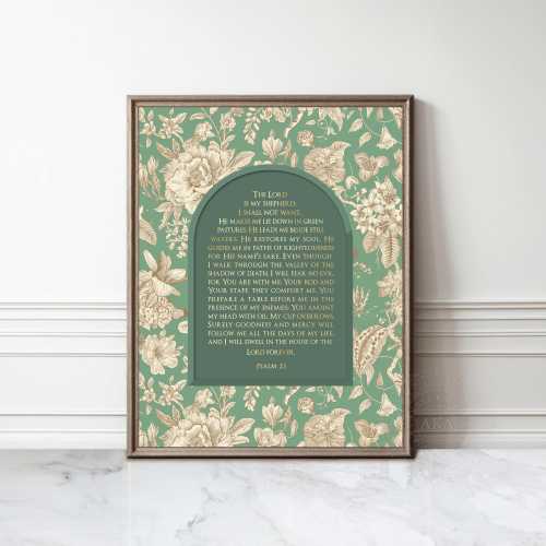 Psalm 23 Print with Shining Gold Text – Christian Wall Art  – Framed Nursery Bible Verse Wall Hanging Vintage Scripture Art for Home