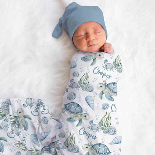 Personalized Turtle Swaddle Blanket Ocean Name Baby Blanket Newborn Baby Boy Coming Home Outfit Hospital Photo Outfit Sea Baby Shower Gift