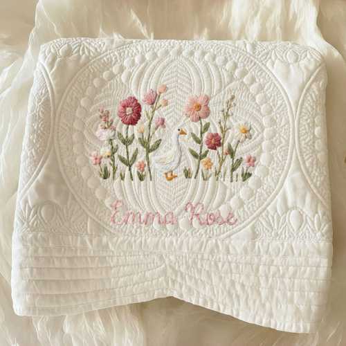 Hand Embroidered Baby Quilt, Goose and Wildflower, Personalized With Name, Cottagecore Bedding, Baby Shower Gift #23