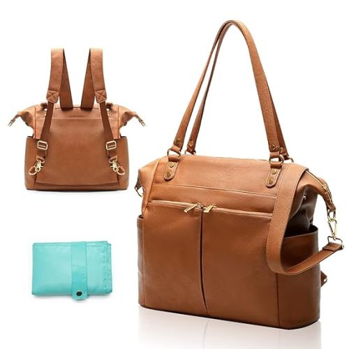 MOMINSIDE Diaper Bag Tote, Leather Diaper Bag Backpack with 14 Pockets, Convertible Baby Bag for Boys Girls, Baby Registry, Changing Pad, 4 Large Insulated Pockets(Brown)