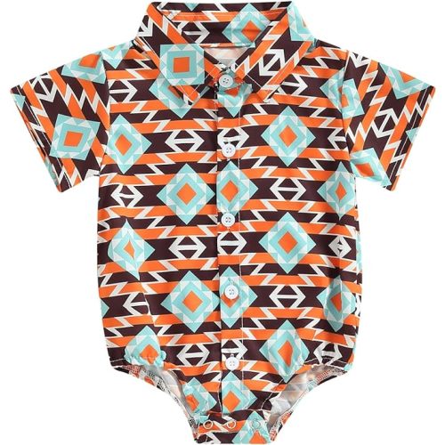 Karuedoo Western Baby Boy Clothes Cow Print Shirt Romper Infant Short Sleeve Button Down Bodysuit Onesie Gentleman Outfit