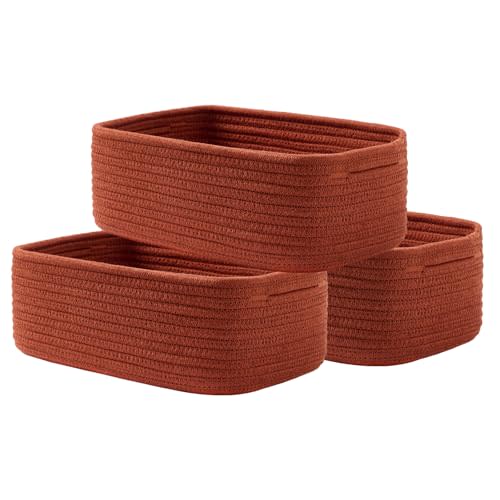 KALLAX Small Woven Basket, 12 x 8 x 4.5 Inches, Storage Basket for Organizing, Cute Small Rope Shelf Closet Cube Storage Bins Baskets for Shelves, Dog Toy Gift Baskets Empty, 3 Pack Rust Red