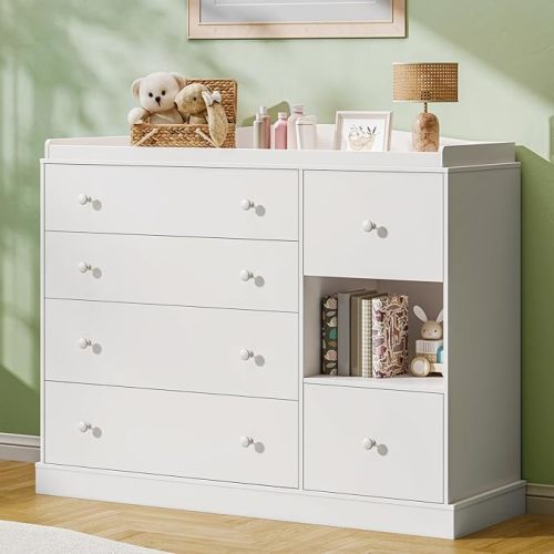 Halitaa Kids Dresser Cabinet with 6 Drawers, Changing Table for Nursery with Shelf, Multi-Functional Chest of Drawers, Kids Bedroom Furniture, Nightstand for Children's Room, White