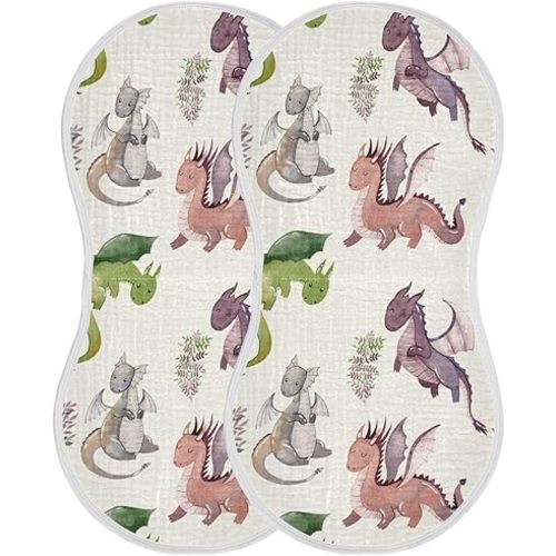 Cute Dragons Pattern Muslin Baby Burp Cloths - Super Absorbent and Soft Burping Rags - Cotton Burp Clothes Set for Boys and Girls, 2 Pack