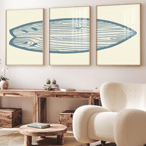 ZZJYYC Surfboard Wall Decor 3 Pieces Blue Watercolor Line Surfboard Canvas Painting Prints Wall Art Poster Sea and Surf Pictures for Beach House Living Room Bedroom Decor 12x16 inch No Frame
