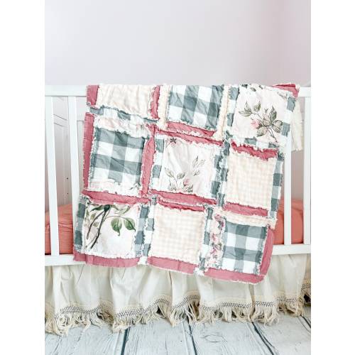 Blush Blanket Floral Comforter Baby Girl Rag Quilt, Pink Crib Bedding Boho Baby Blanket, Baby Girl