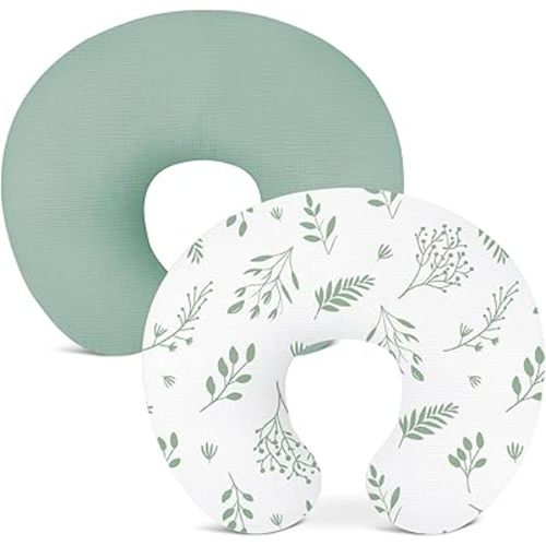 Nursing Pillow Covers 2 Pack, Muslin Nursing Cover for Breastfeeding Pillows, Comfortable for Baby Girls and Boys (Leaf C & Sage)