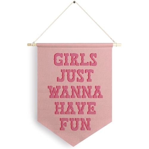 Qpenm Girls Just Wanna Have Fun Hanging Wall Canvas Banner,Pink Girls Hanging Pennant Flag Prints for Bedroom Teen Girls, Pink Girls Room Decor, Pink Stuff for Girls poster&prints