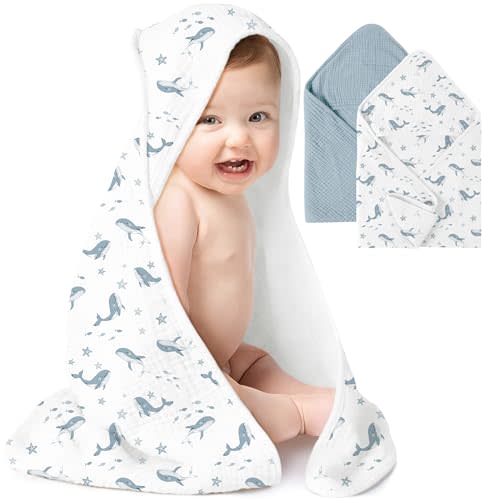 Konssy 2-Pack Muslin Hooded Baby Towels, 100% Cotton, Ultra-Soft & Absorbent Baby Bath Towels with Hood for Newborn & Infant (Blue, Blue Whale, 30'' x 30'')