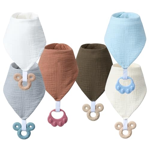COOROBIN Baby Teething Bibs 6-Pack with Attachable Teether - 100% Organic Cotton, Super Absorbent & Soft Drool Bibs