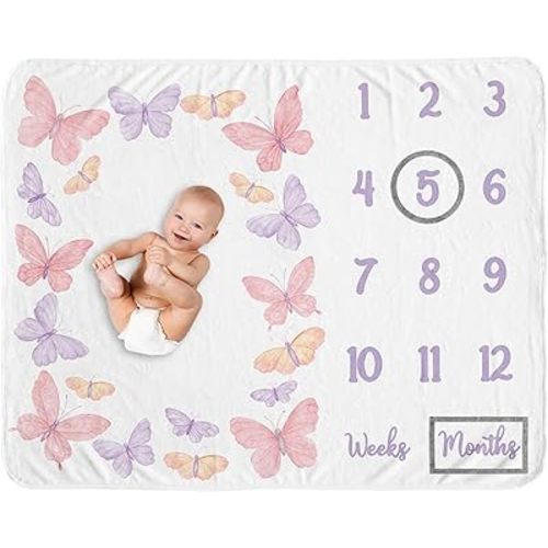Sweet Jojo Designs Baby Milestone Blanket (Pink/Purple Shabby Chic Butterfly) for Girls, Infant Receiving Blankets for First Year Monthly Newborn Photography Props (Colorful, Watercolor, Butterflies)