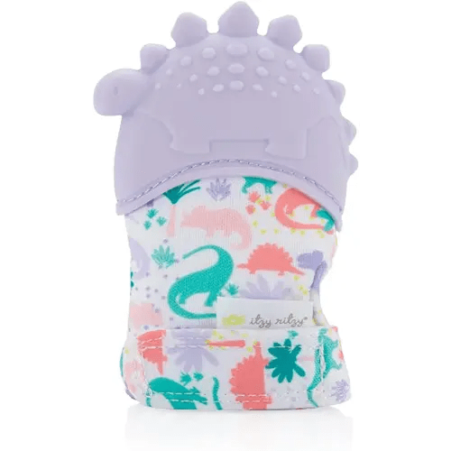 Itzy Ritzy Silicone Teething Mitt - Soothing Infant Teething Mitten w/Adjustable Strap, Crinkle Sound, Textured Silicone, Soothes Sore & Swollen Gums, Baby Teething Toy for 3 Mos +, Purple Dinosaur