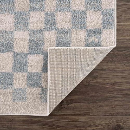 Hauteloom Benjy Living Room, Checkered Bedroom Area Rug - Farmhouse - Cream, Silver Blue - 7'10" x 10'