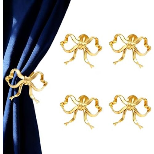 4 Pcs Large Elegant Gold Bow Curtain Holdbacks - Wall Mounted Curtain Hooks for Wall & Curtain Holders for Wall, Decorative Drapery Holdbacks for Living Room Bedroom Office Home