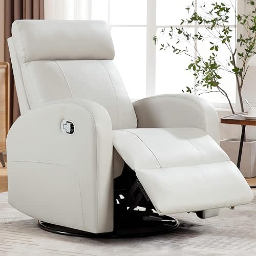 Swivel Rocker Recliner, Manual Glider Rocking Recliner Chair, Faux Leather Fabric Swivel Reclining Chair Nursery Glider Recliners for Small Spaces, Living Room, Ivory