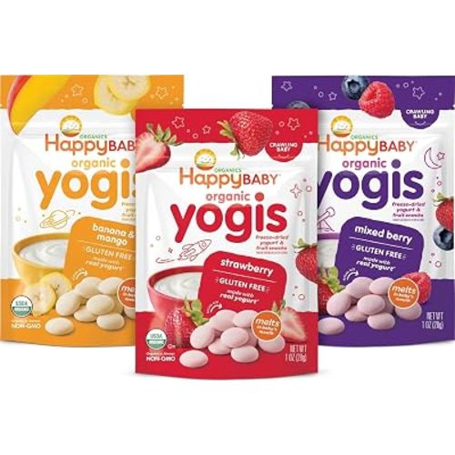 Happy Baby Organics Yogis Freeze-Dried Yogurt & Fruit Snacks, 3 Flavor Variety Pack, 1 Ounce (Pack of 3)