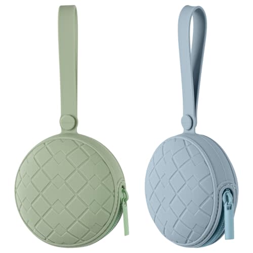 2 Pack Silicone Pacifier Holder Case, Baby Pacifier Silicone Holder Pouch for Newborn, Boys and Girls, Portable Silicone Pacifier Bags (Sage+Ether)