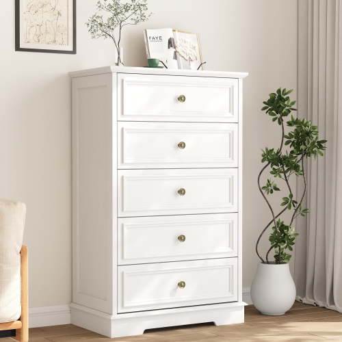 5 Drawer Dresser, Wood Chest of Drawers for Bedroom, Retro Storage Cabinet Dresser Organizer Unit with Antique Bronze Round Handles for Living Room, Closet, Hallway, Entryway