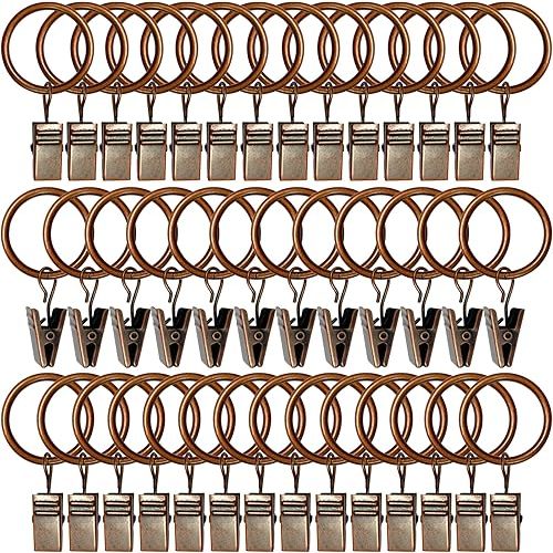 44 Pack Metal Curtain Rings with Clips, Drapery Clips with Rings, Drapes Rings 1 in I D, Fits Diameter 6/8 in Curtain Rod, Antique Copper