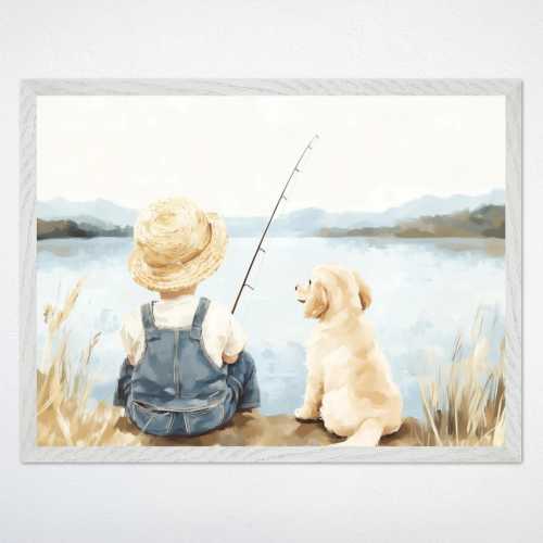 Fishing Dog Nursery Wall Art, Boy and Puppy Canvas Art, Serene Lake Poster, Gender-Neutral Kids Room Decor