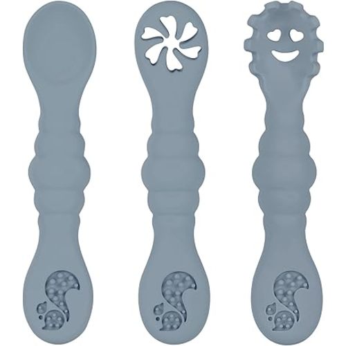 Silicone Baby Spoons Self Feeding 6+ Months, 3PCS Toddler Forks and Spoons Utensils Baby Led Weaning Teething Spoon Infant Spoons First Stage Newborn Baby Essentials Baby Gifts(GreyBlue)
