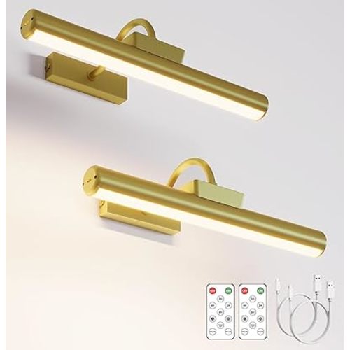Picture Light Battery Operated, 13in Wireless Art Light for Paintings, Dimmable 5000mAh Recharging Battery Picture Light with Remote Control for Wall, Gallery Dartboard Art Bedroom (Gold-2Pack)