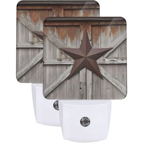 Western Texas Star Night Light Set of 2, Old Barn Wood Auto Sensor LED Dusk-to-Dawn Nightlights, Plug-in Sensor Lamp for Bedroom Bathroom Kitchen Hallway Stairs Decorative